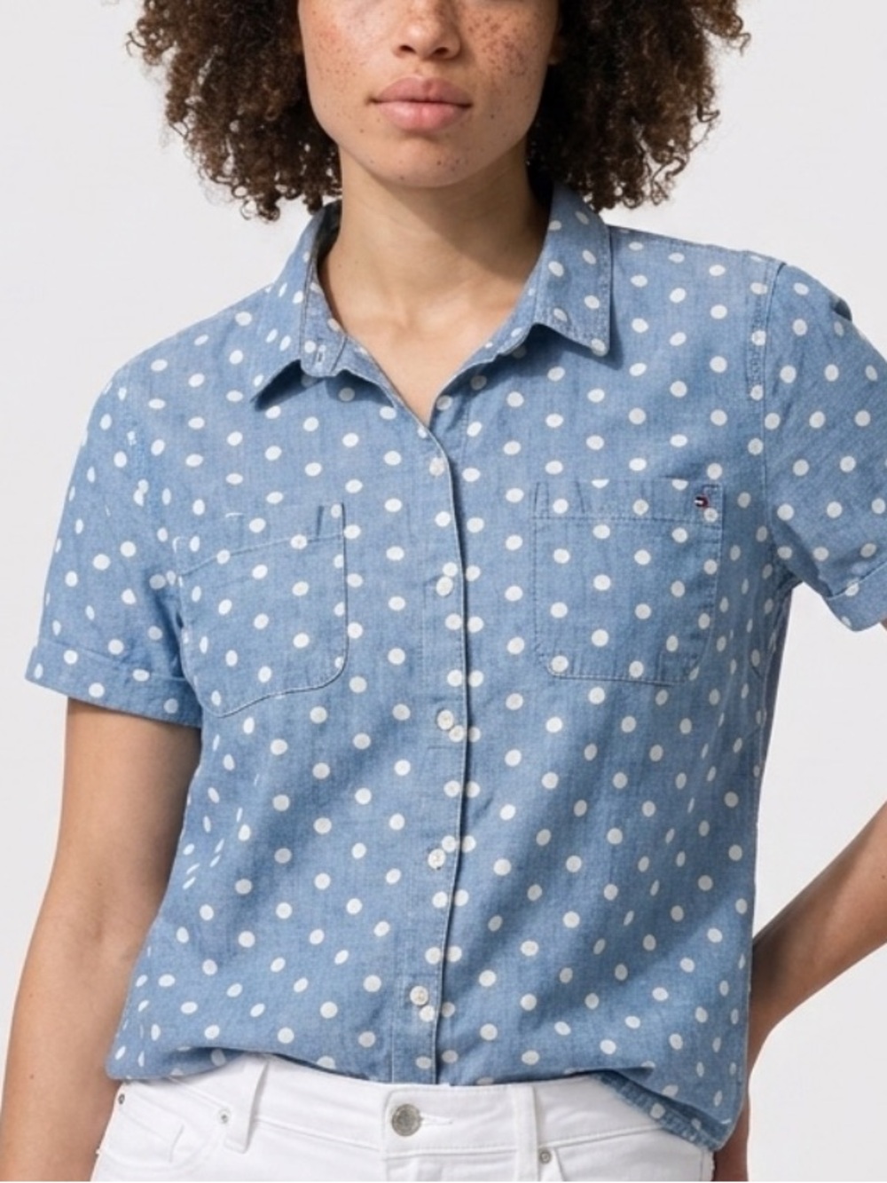 Tommy Hilfiger Polka Dot Chambray Button Front Shirt XL 100% Cotton Short Sleeve